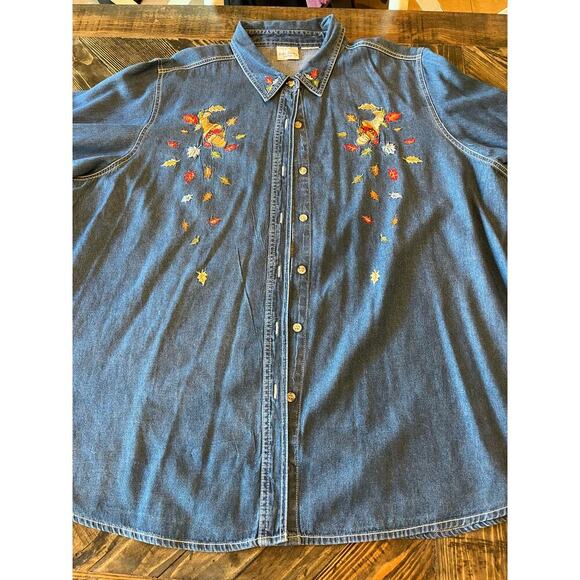 Bobbie Brooks Woman Blue Jean XXL Fall Leaves Art to Wear Embroidered Grandma - Picture 1 of 15